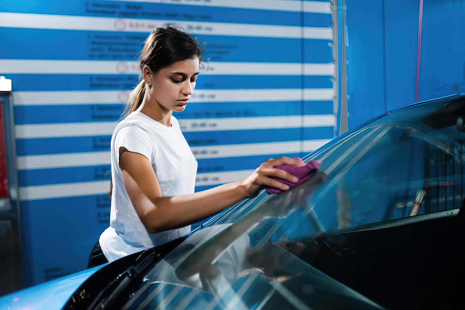 Technician hand-cleaning a windscreen during a detail