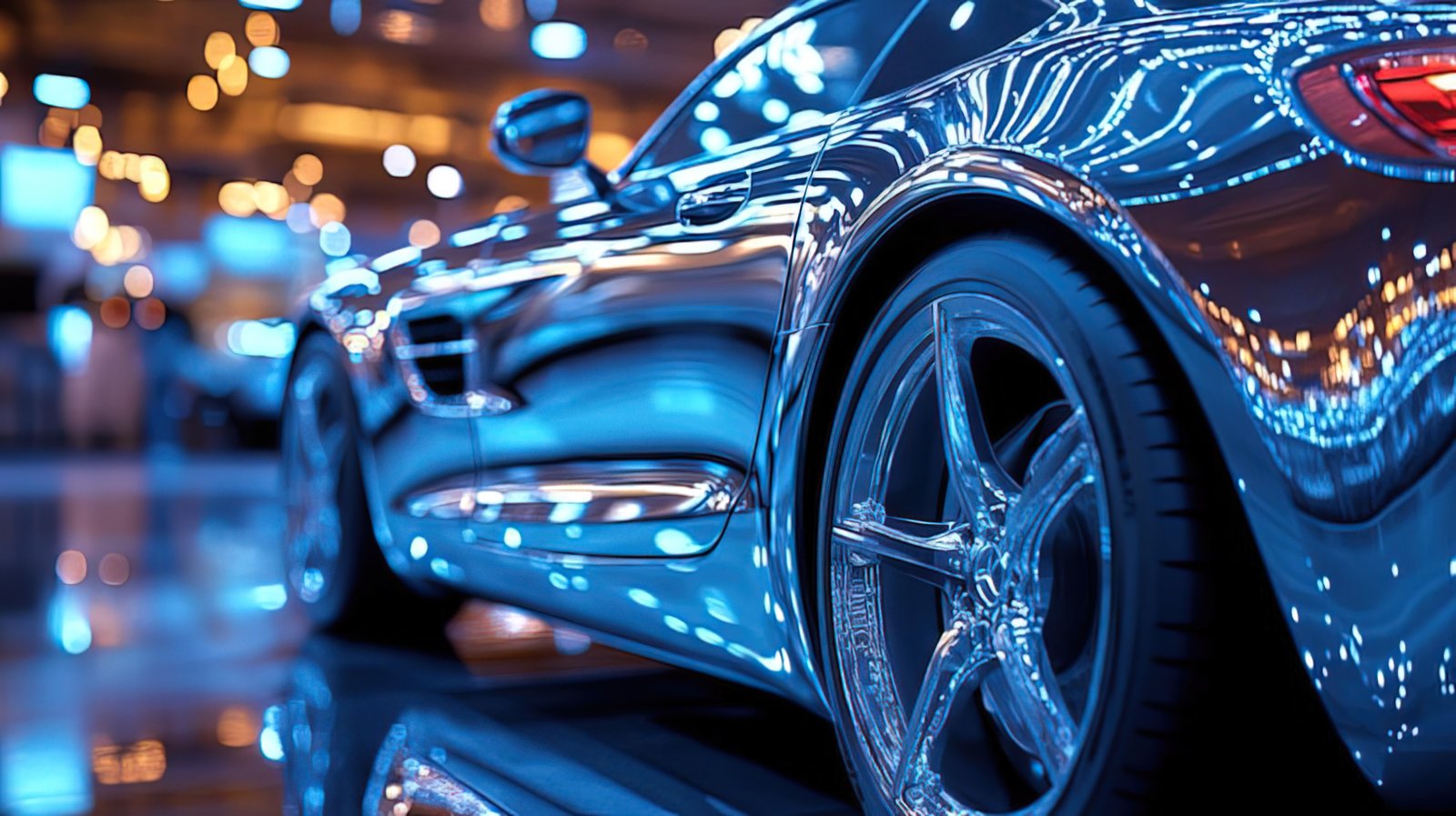Finished car under studio showroom lighting