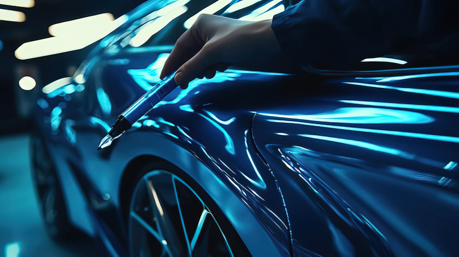 Paint protection film being applied to a bonnet with an iridescent finish