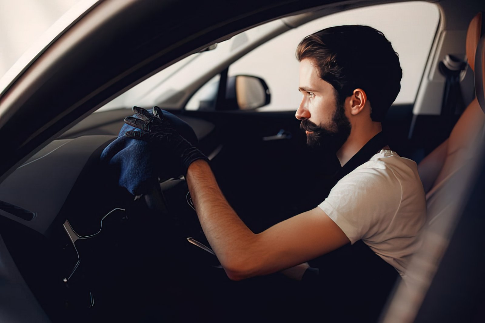 Technician fitting window tint film to a vehicle window